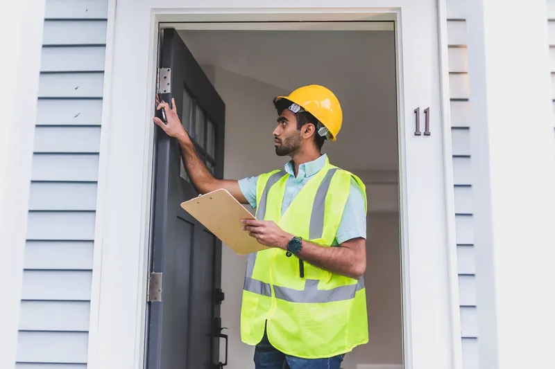 A man in a hard hat and safety vest holding a clipboard checks the hinge side of an open front door frame