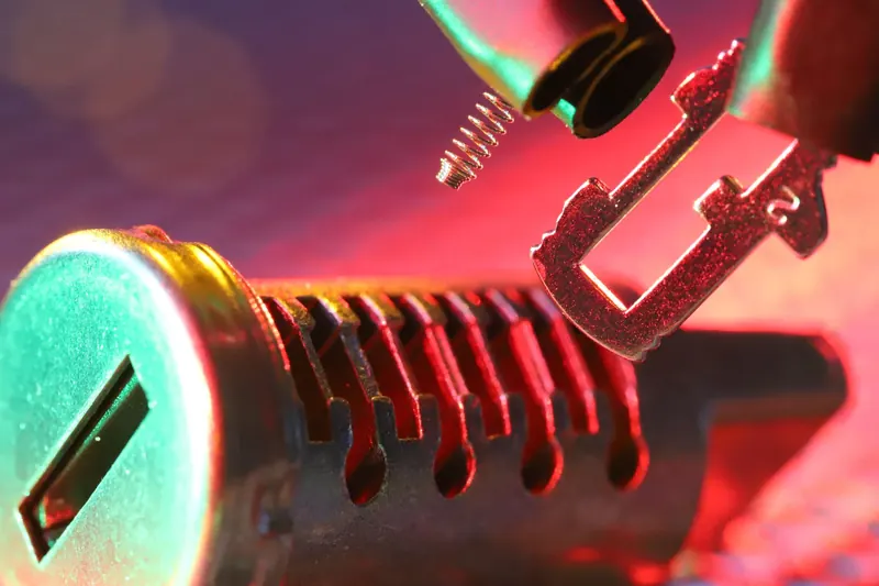 Close-up of a pin tumbler lock cylinder with its springs and pins, the parts a locksmith works on when picking a lock