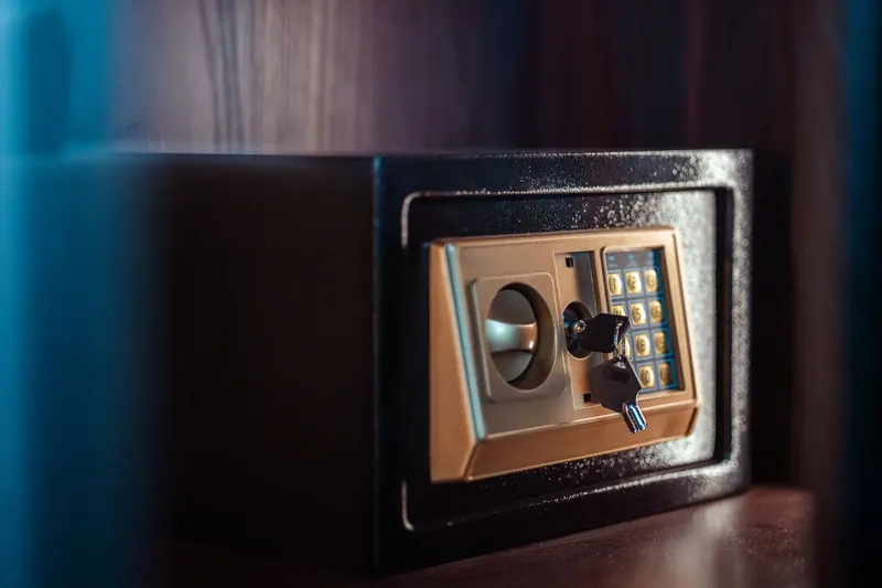 A small black home safe with a brass keypad panel and an override key in its lock, sitting on a wooden shelf