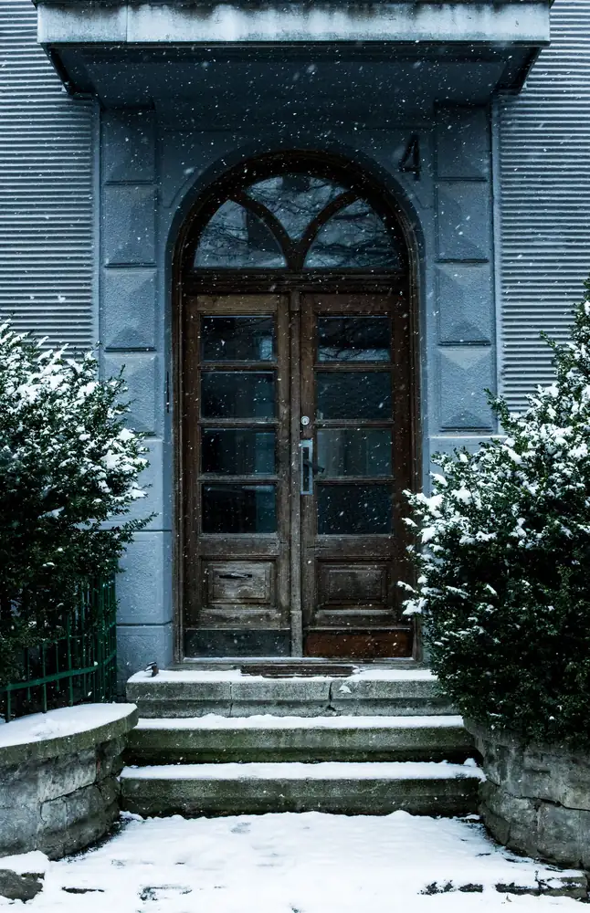 A wooden front door at the top of snowy steps, snow falling